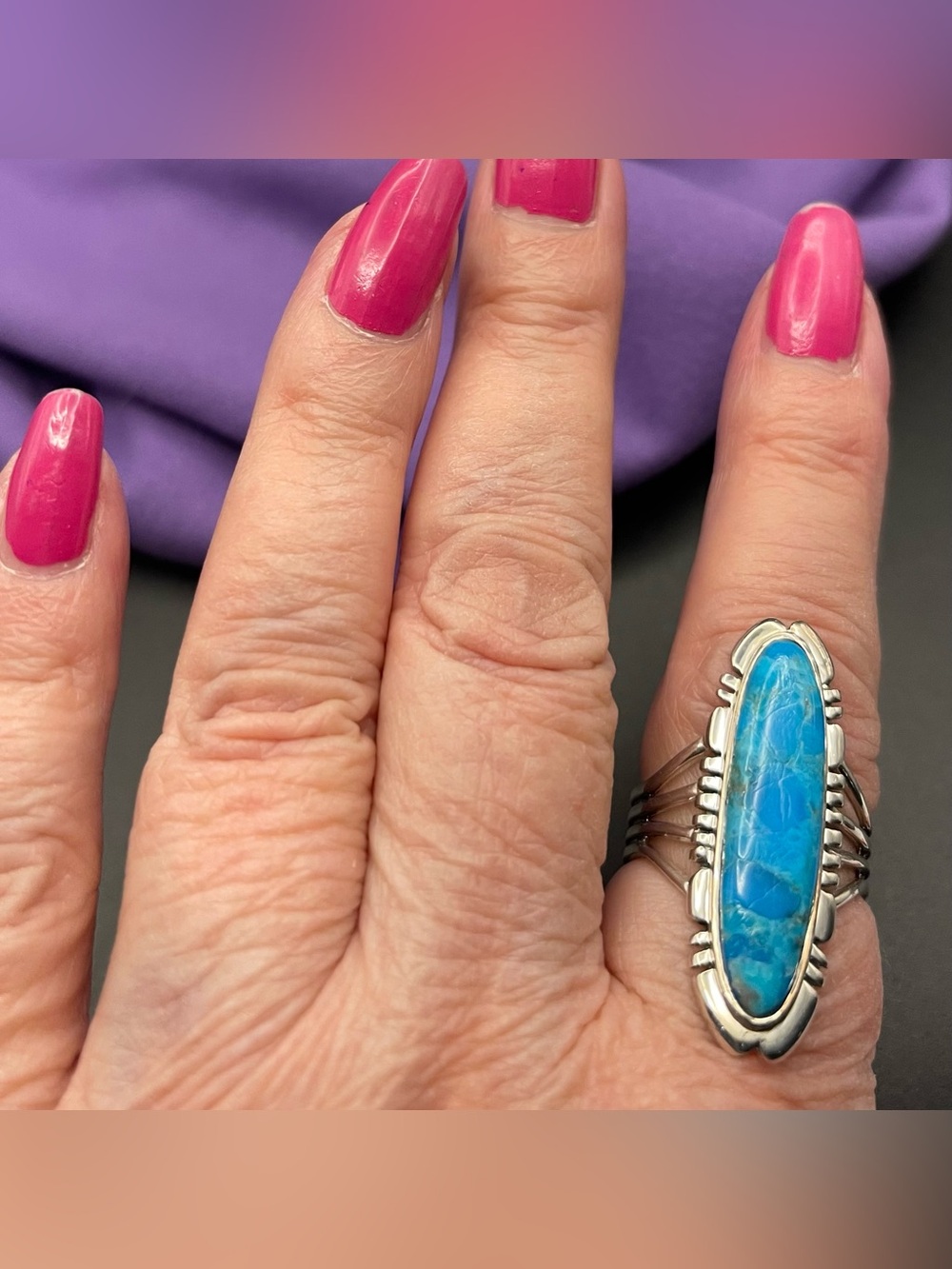 Vtg 8.11 g .925 SS turquoise ring size 9, approximately 30 mm x 7 mm - Picture 6 of 6